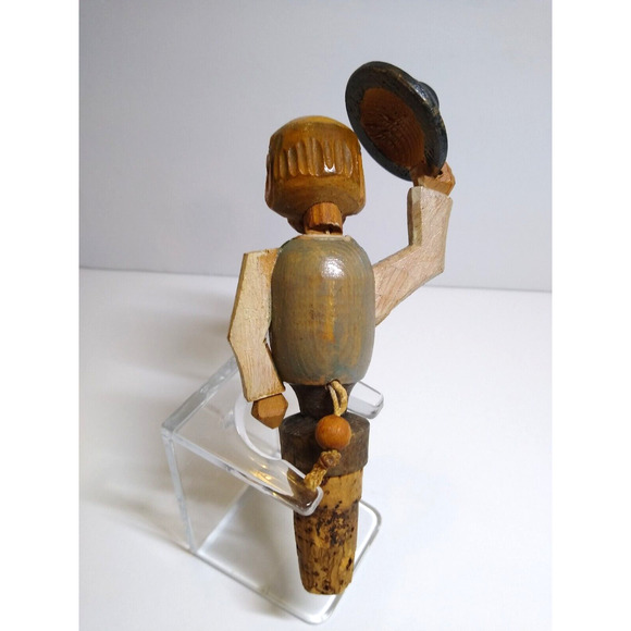 ANRI Mechanical Hat Tipping Bottle Stopper Wood Carved Puppet Barware Cork Green - Picture 4 of 6